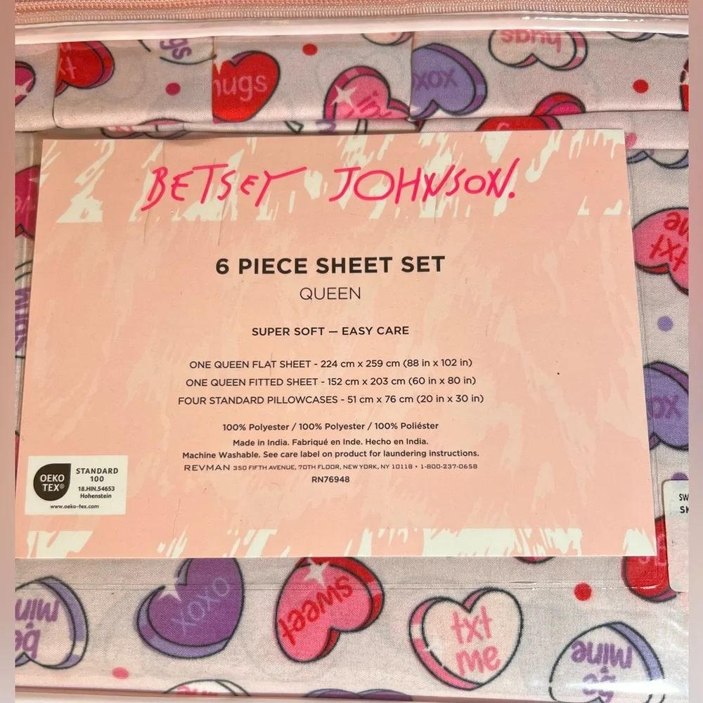 Betsey Johnson Queen 6pc Sheet Set Sweet Nothings Hearts NEW